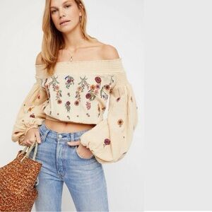 Free People Saachi Embroidered Off The Shoulder Top in Natural
